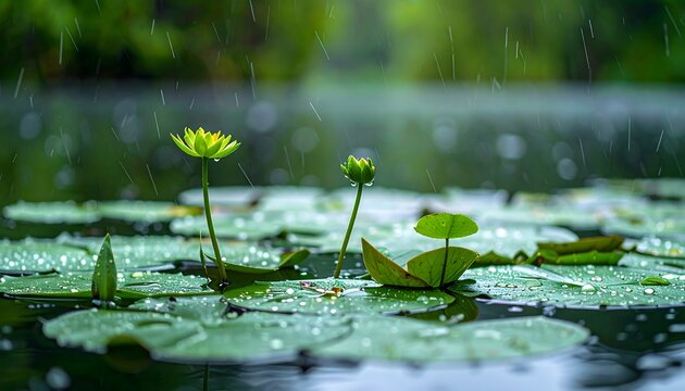 Flores acu&aacute;ticas y hojas flotando sobre un estanque bajo la lluvia en un paisaje sereno