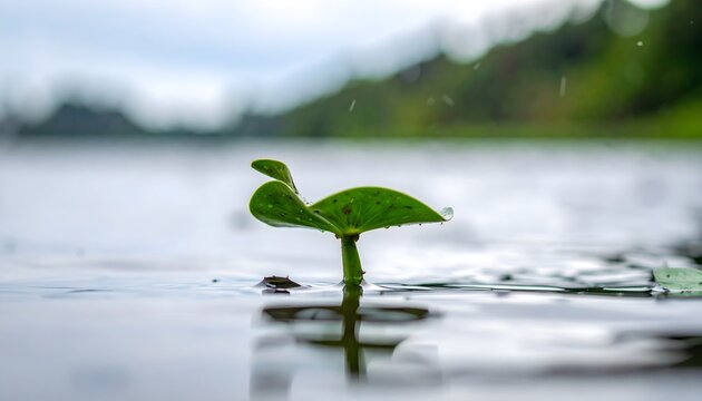 Peque&ntilde;o brote verde emergiendo del agua en un entorno natural con fondo desenfocado