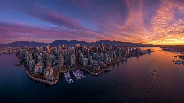 Aerial vancouver canada skyline at sunset, glowing urban waterfront cityscape with mountains in the background