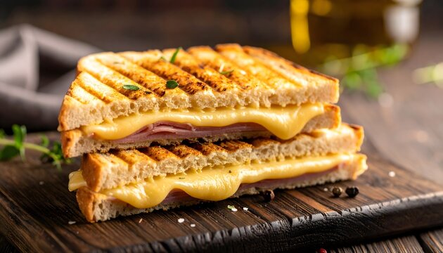 S&aacute;ndwich tostado con jam&oacute;n y queso fundido sobre una tabla de madera en primer plano