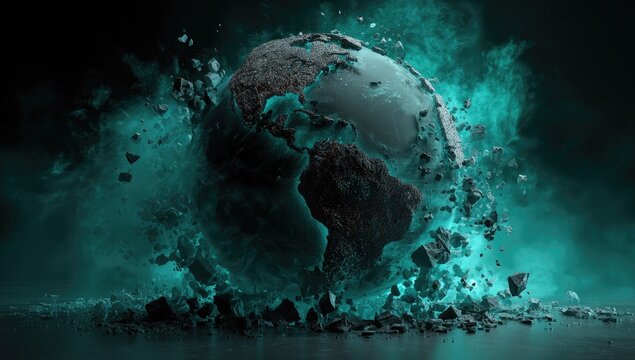 Shattered planet bursts with teal energy, fragments scatter against dark backdrop