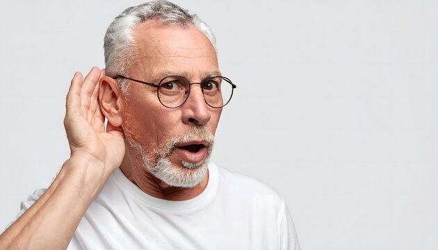 Hombre mayor con gafas llev&aacute;ndose la mano a la oreja sobre fondo neutro