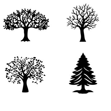 Four different types of trees in black silhouette