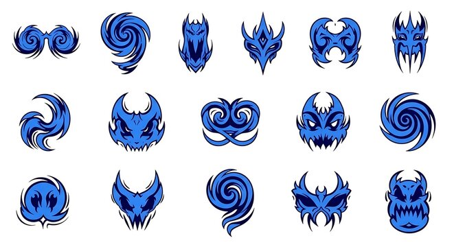 Collection of blue swirly abstract shapes.