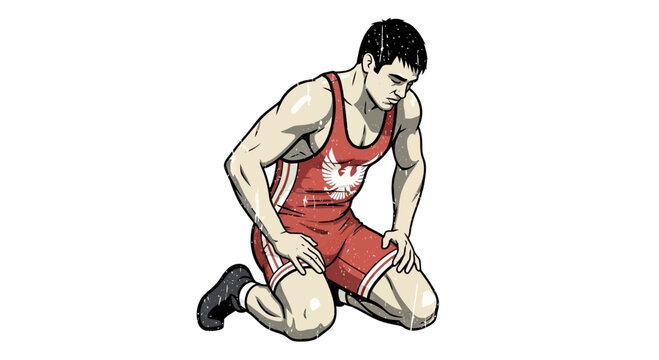 Wrestler in red singlet kneeling, defeated and tired, isolated on white background