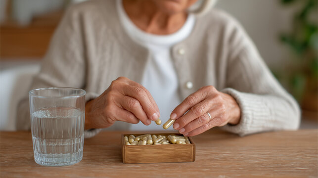 Close up of hands organizing morning pill organizer with hormone therapy capsules beside a glass of water, menopause HRT daily routine, midlife womens medication management, perimenopause treatment 