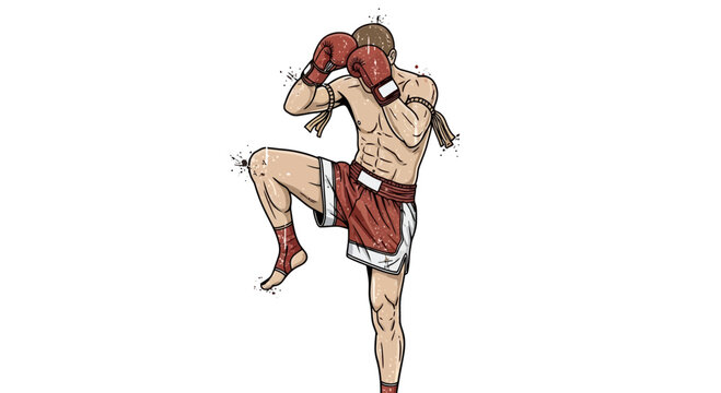 Muay Thai fighter performing a knee strike, combat sport illustration