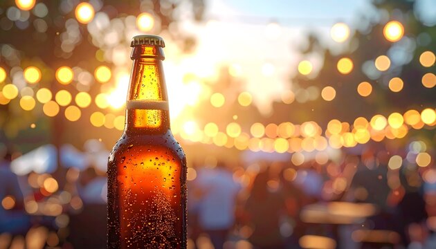 Botella de cerveza iluminada al atardecer con luces bokeh en ambiente festivo al aire libre