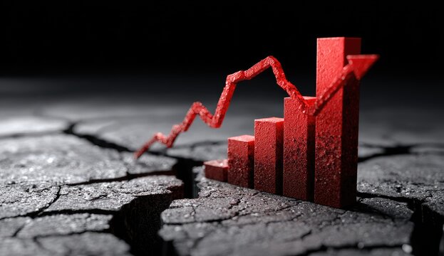 Red upward trending bar graph with line arrow on cracked dark ground