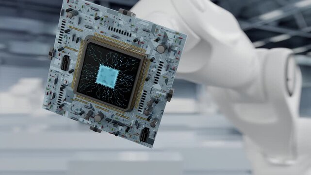 Concept future. High Precision Robot Arms at Bright Electronics Factory. Fully Automated Modern PCB Assembly Line. 