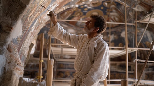 Religious art restorer injects consolidant into bubbling paint on Byzantine apse mosaic, suspended scaffold inside abandoned chapel, industrial lighting rig, heritage conservation challenging access
