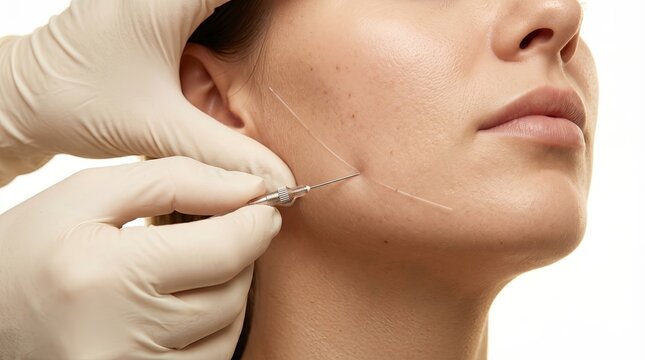 Luxury macro beauty shot of gloved hands performing delicate thread lift procedure