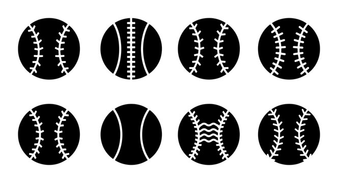 Baseball ball silhouette icons set, 8 black and white sports vector elements, softball stitch patterns for athletic branding and team logos