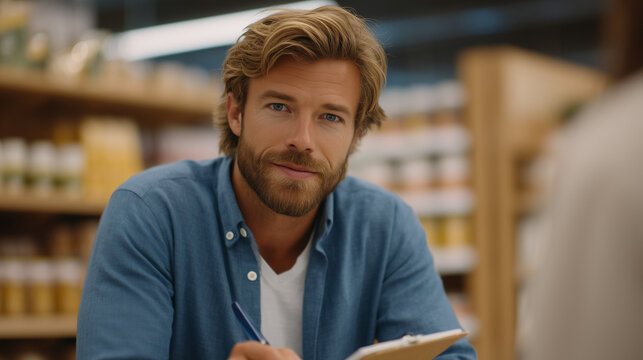 Founder crouched at eye level with a customer in a retail store aisle, intensely listening with notepad open, customer obsession, user research in action, startup discovery interview, product feedba