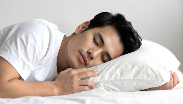 Hombre durmiendo pl&aacute;cidamente sobre almohada blanca en escena de descanso y bienestar