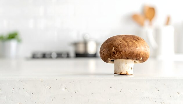 Champi&ntilde;&oacute;n entero sobre encimera clara en cocina minimalista con fondo desenfocado