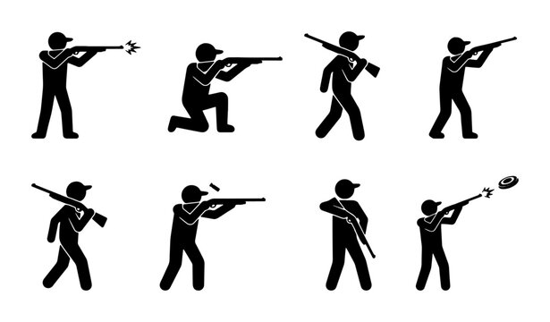 Hunting and shooting sport stick figure icons, hunter with rifle and shotgun silhouettes, 8 vector pictograms of marksman aiming and firing