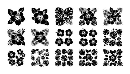 Tropical hibiscus flower silhouettes and palm leaf vector set, black floral botanical elements, 15 exotic summer plant icons for logo design © Rakibul