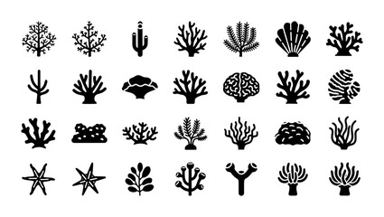 Minimalist coral reef icons set, 28 black underwater sea life silhouettes, tropical ocean flora and fauna vector elements for marine biology design © Kamrul
