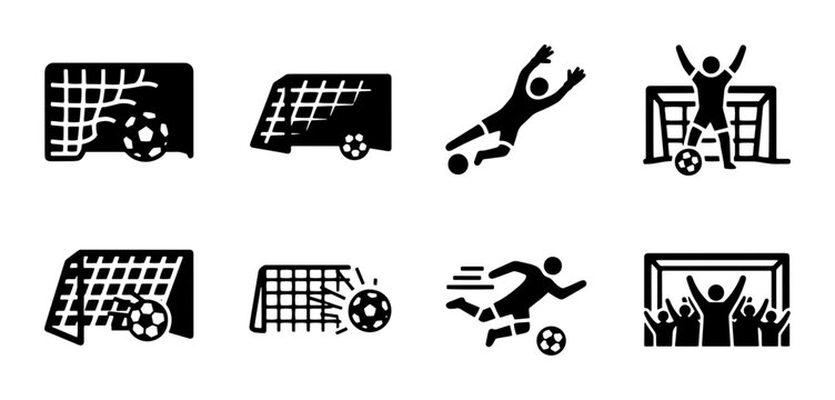 Soccer goal icons set, black football player silhouettes and net graphics, 8 vector sports pictograms for competition and tournament design