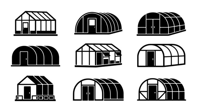 Greenhouse icon set with 9 vector elements, black and white garden glasshouse symbols, agricultural nursery and hothouse building illustrations