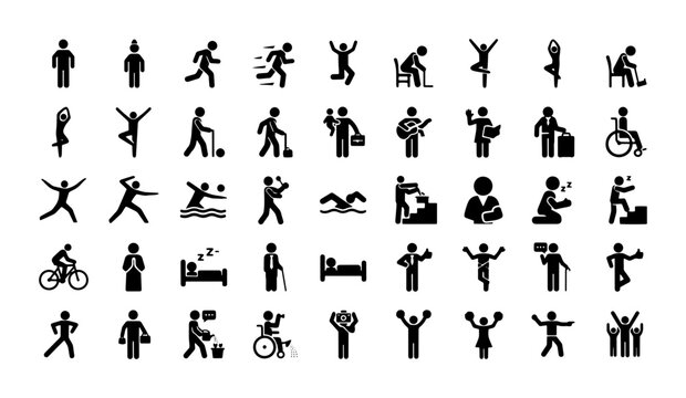 Universal stick figure icons set, 50 human activity pictograms, black silhouette people symbols for wayfinding and infographics, vector character collection