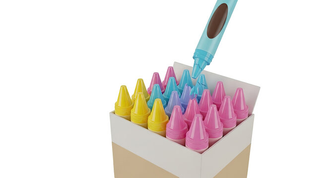 Box of colorful crayons with one broken