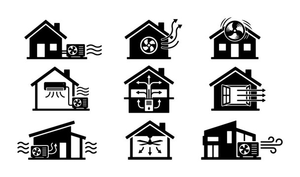 HVAC system icons set, residential air conditioning and ventilation symbols, 9 house climate control vector elements for home cooling and heating