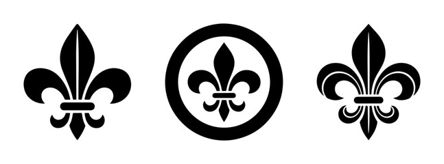 Fleur de lis vector icons set, black heraldic lily symbols on white background, royal french floral ornaments for luxury branding and crest design © Kamrul