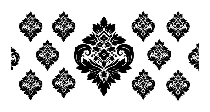 Vintage damask pattern vector, black floral ornament on white background, classic baroque motif for luxury textile and wallpaper design