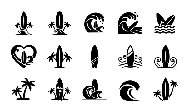Minimalist surfing icons set, black surfboard silhouettes with ocean waves and palm trees, 15 summer beach lifestyle vector elements for logo design
