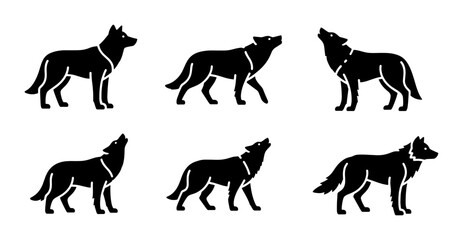 Black wolf silhouette vector set, howling wild dog icons in various poses, minimalist forest animal graphics for logo design and outdoor branding © Rakibul