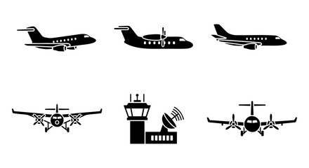 Aviation icon set with commercial airplanes and airport control tower, black airplane silhouettes, 6 vector elements for flight logistics and travel design © Lamiya