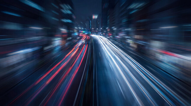 Dynamic long exposure photograph of city lights and traffic trails on a busy urban street with a compelling zoom blur.
