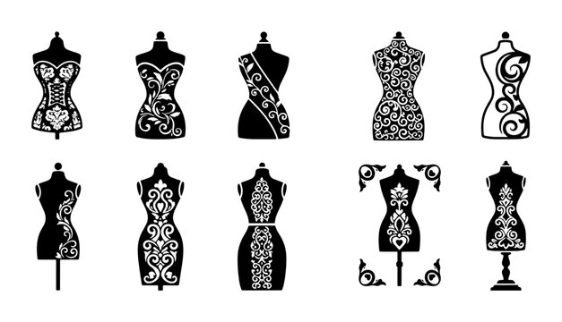 Vintage tailor mannequin silhouettes with floral lace patterns, set of 10 dressmaker dummy icons, elegant sewing torso vector illustrations