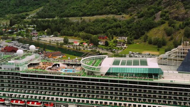 Aerial view of Flam village with cruise ship in Aurlandsfjord, Norway.