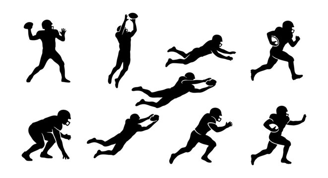 American football player silhouettes set, 8 vector athlete poses including quarterback throwing and receiver catching, black sports action figures