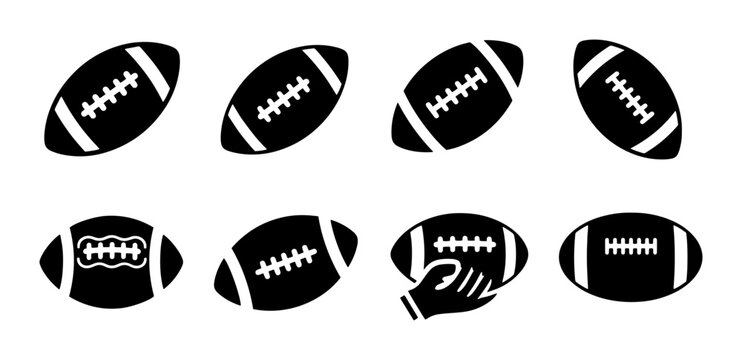 American football icons set, black minimalist rugby ball vector silhouettes, 8 sports equipment symbols for athletic branding and game day graphics