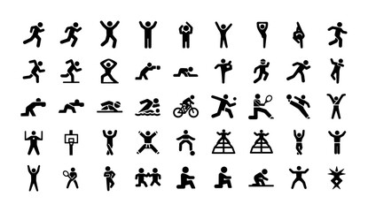 Obraz premium Minimalist sports icons set, black stick figure athlete silhouettes, 45 olympic and fitness activity symbols, flat vector pictograms for infographics