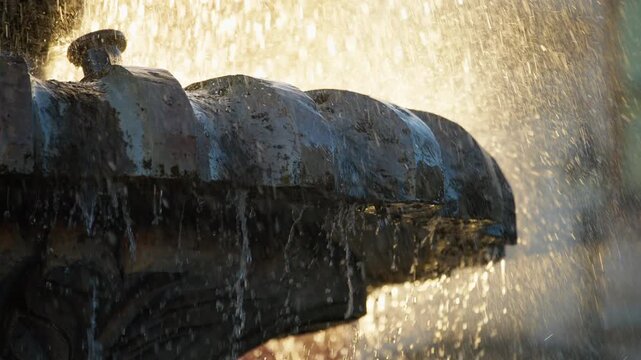 Water cascades over ornate stone fountain basin with golden sunlight illuminating spray droplets. Weathered sculptural details visible through flowing water creating magical backlit atmosphere.