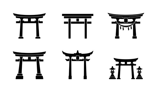 Japanese torii gate silhouette icons, traditional shinto shrine entrance set of 6 vectors, oriental temple architecture symbols for travel and culture