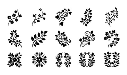 Black floral silhouettes set, 15 botanical branch and leaf icons, decorative organic vine vector elements for wedding invitations and logo design © Sumaiya