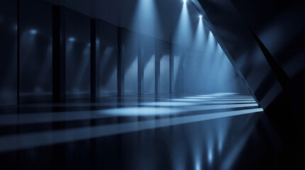 Obraz premium Dark, futuristic 3D tunnel or corridor with dramatic spotlights and strong blue light patterns on the floor.