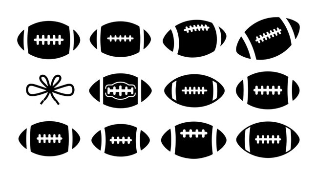 American football vector icons set, black silhouette sports ball collection, minimalist athletic equipment symbols for team branding and game day graphics