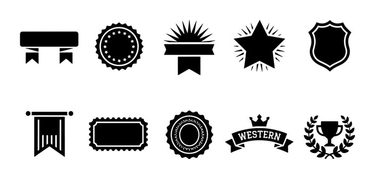 Vintage black badge collection, 10 retro award icons and heraldic symbols, decorative ribbon banners and trophy vector set for branding