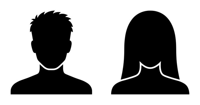 Minimalist user profile avatar icons, black silhouette male and female headshot symbols, generic person placeholder vector set for web design