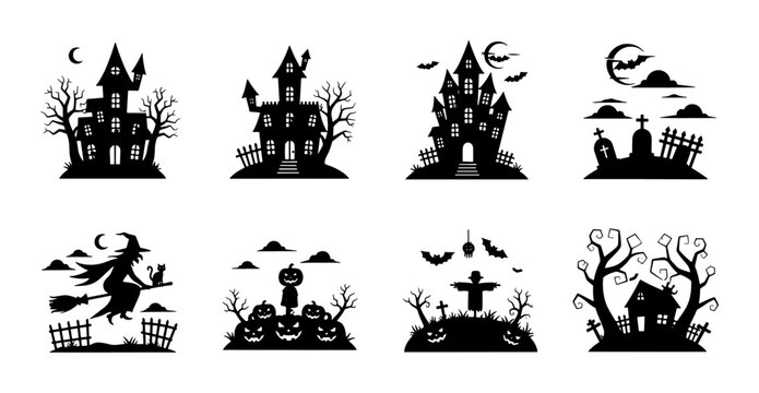 Halloween silhouette icons set, spooky haunted house and cemetery graveyard vectors, black witch flying on broomstick and pumpkin patch illustrations