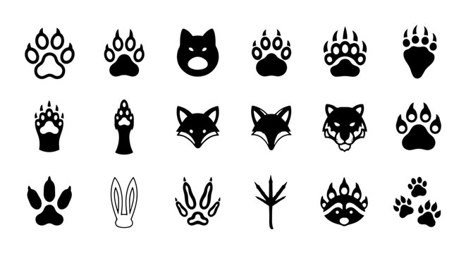 Black animal paw prints and wildlife head icons, 18 vector elements set, predator tracks and forest creature silhouettes for nature branding