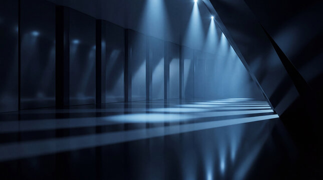 Dark, futuristic 3D tunnel or corridor with dramatic spotlights and strong blue light patterns on the floor.