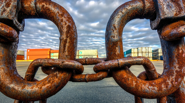 Rusted chains locking a cargo gate, symbolizing restricted movement and stagnation during a port strike.